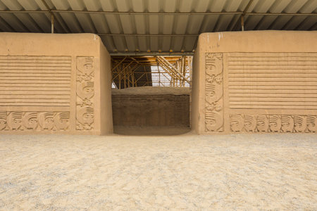Peru July 2018 Sacred walls with relief in Arco Iris, an archaeological site dates back to 50   700 AD. Famous for its old ruines. On the site the archaeologists are still workingのeditorial素材