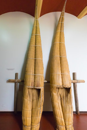Peru July 2018 Detail of traditional boats in Chan Chan museum, northern Peru. These boats used by incas are even used today by local fishermen.のeditorial素材