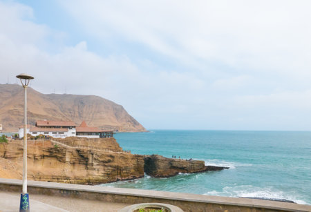 Peru July 2018 cliff of the friar jump Lima. From this cliff a friar dives into the frozen waters of the ocean of Limaのeditorial素材