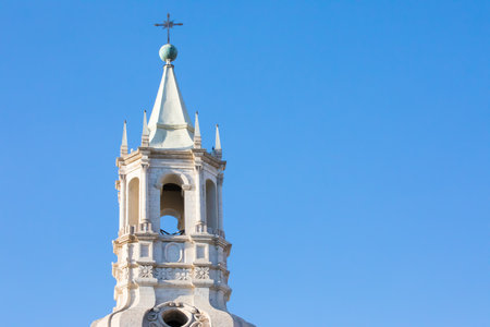 Arequipa Peru August 26, 2018 in the parade ground in the historic center of Arequipa tow two identical bell towers of the cathedralのeditorial素材