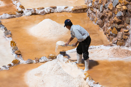 Moray Peru September 14 2018 A man is working  in the saltpans of Moray in a sunny day. The extracted salt is sold to cattle farmers.のeditorial素材