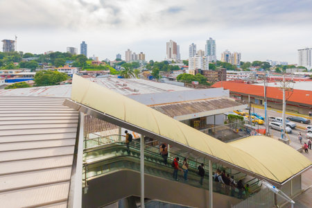 Panama City September 20 2018 This is the entrance to the Panama City Metro station called 12 of October. From the first floor you can admire the city skyline.のeditorial素材