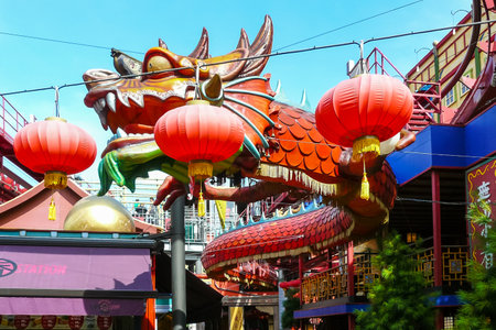 Copenhagen August 13 2010 in famous Tivoli gardens in Copenhagen you can visit themed pavilions as this Chinese one with the reproduction of the famous ceremonial dragonのeditorial素材