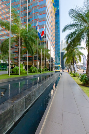 Panama City Panama January 29 2019 Oceania busibess square and its fountain along the sidewalk represent  the financial heart of Panama City. This area is full off commercial activities and the biggest companies are based here.のeditorial素材