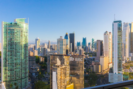 Panama city Panama January 2019 aerial view districts of Bella Vista, Campo Alegre and Obarrio Panama City at sunset This area is full of commercial activities and the biggest companies are based here.のeditorial素材