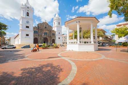 Panama city Panama January 2019 Independence Square and Panama City Cathedral iin a sunny day. The heart of Casco Viejo a colonial district of Panama City known for its well kept buildings, bars and restaurants.のeditorial素材