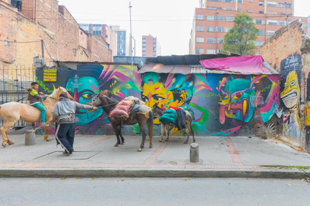 Bogota Colombia March 7 in the Candelaria district in the afternoon a boy and a man load goods on mules and horses. Shot on March 7, 2019のeditorial素材