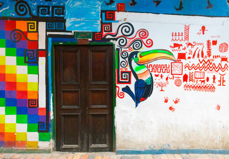 Bogota, Colombia March 31 This coloured mural has been realized on a wall of one of the ancient districts of Bogota named la Candaelaria appreciated for its colonial style and street art. Shoot on March 31, 2019のeditorial素材