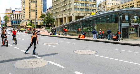 Bogota,  Colombia   March 25  Skating in the city center of Bogota. Every Sunday the roads are closed to traffic allowing locals to enjoy their city. Shoot on March 25, 2019のeditorial素材