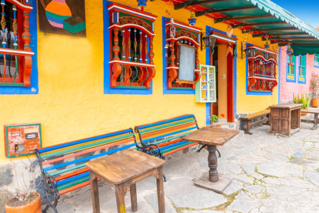 Colorful traditional typical Colombian house with sunのeditorial素材