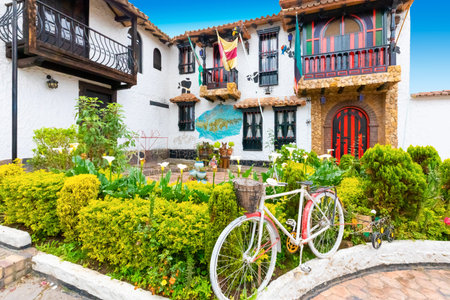 Tenza typical traditional colorful houses with garden Colombiaのeditorial素材