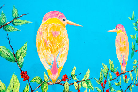 Chia, Colombia June 7 This mural representing colorful birds has been realized on a wall of one of the ancient districts of Chia city known for its art street.  Shoot on June 7, 2019のeditorial素材