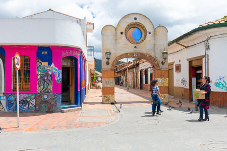 Chia Colombia June 13 This old gate represents the entrance to the pedestrian area of Chia known for its craftshops, restaurants, cafes and bars. Shoot on June 13, 2019のeditorial素材