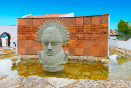 Guatavita,  Colombia June 16 Sculpture dedicated to Cacique divinity from muisca people. It is located in the historic center of Guatavita reminding the ancient traditions. Shoot on June 16, 2019のeditorial素材
