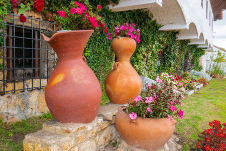Guatavita,  Colombia June 16 Garden with decorative clay pots located in front of the city hall in the historic center of Guatavita  to embellish the building. Shoot on June 16, 2019のeditorial素材