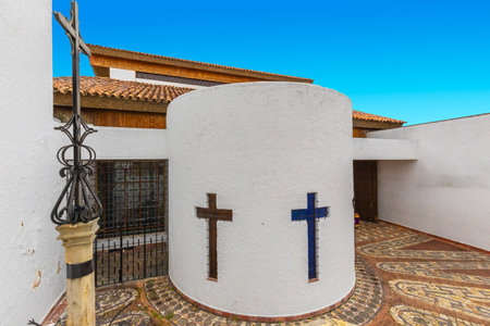 Guatavita,  Colombia June 16 Entrance of Our Lady Church in Guatavita. It was built in 1590 by the spanish. It is appreciated for its location in a beautiful scenery near the homonym lake. Shoot on June 16, 2019のeditorial素材