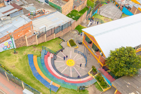 Bogota Colombia 24 July aerial view school sports fields in Los Andes district located on a hill of Bogota where live a lot of children that play here.  Shoot on July 24, 2019のeditorial素材