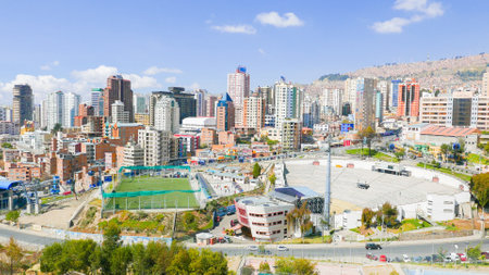 La Paz Bolivia September 17, aerial view of the open air theater and the district of Los Guindales. Shoot on September 17, 2019のeditorial素材