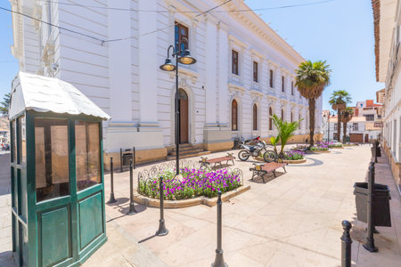 Sucre Bolivia September 29 pedestrian alley among the historic buildings of Liberty square in the historic center of the city. Shoot on September 29, 2019のeditorial素材