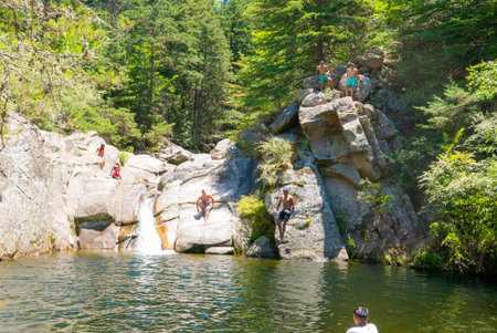 La Cumbrecita Argentina December 10 the lake hidden behind the village welcomes bathers and nature lovers.  Shoot on December 10, 2019のeditorial素材
