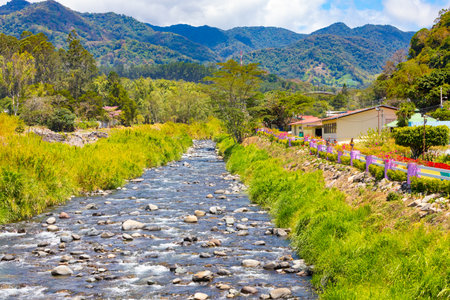 Boquete Panama March 8 houses overlooking Caldera river in Boquete village Northern Panama. Shoot on March 8, 2020のeditorial素材