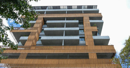 Bogota, July 6  Ecological building in Usaquen district of Bogota that  houses modern architectures and wooden terraces respecting a sustainable growth. Shoot on July 6, 2019の写真素材