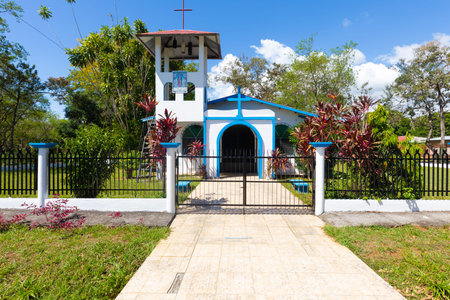 Panama Los Anastacios February 18, entrance facade and bell tower of the religious chapel called our...