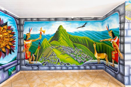 Panama Boquete March 3, mural with the representation of Machu Picchu on the outer wall of a typical Peruvian restaurant in center town. Shoot on March 3, 2021のeditorial素材