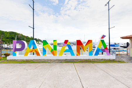 Panama city, September 8, welcom sign in the port of Perico island at sunrise. Shoot on September 8, 2021のeditorial素材