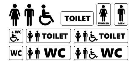 WC world toilet day. Bathroom or restroom icons. Funny vector pissing signs. For handicap people, woman, man or gender to peeing pictogram. Human handicap toilets seat with wheelchair logo.のイラスト素材