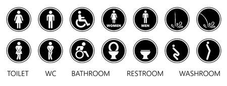 WC world toilet day. Bathroom or restroom icons. Funny vector pissing signs. For handicap people, woman, man or gender to peeing pictogram. Human handicap toilets seat with wheelchair logo.のイラスト素材