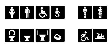 WC world toilet day. Bathroom or restroom icons. Funny vector pissing signs. For handicap people, woman, man or gender to peeing pictogram. Human handicap toilets seat with wheelchair logo.のイラスト素材