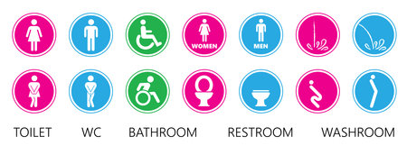 WC world toilet day. Bathroom or restroom icons. Funny vector pissing signs. For handicap people, woman, man or gender to peeing pictogram. Human handicap toilets seat with wheelchair logo.のイラスト素材