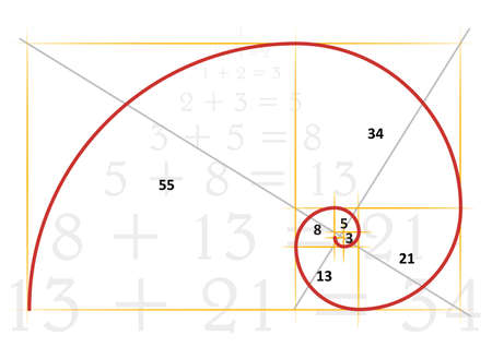 Leonardo da Vinci day. The golden ratio template spiral. Fibonacci number. Circles in golden proportion icon. Mathematics with formula code. Drawing Physics, grid divine proportion. line pattern. Geomeのイラスト素材