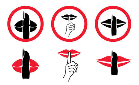 Stop, please be quiet icon (psssst). Forbad, silence no speaking or no talking (shhh). Funny vector flat icons silhouette Silent finger over lips or mouth sign. Sound off. Secret asking to silencのイラスト素材