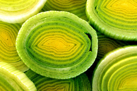 Fresh ripe chopped leek Allium ampeloprasum var. porrum is a plant from the family look, which is eaten as a vegetable with succulent green stems Leek lies in rows Close up or macro diet food for menuの写真素材