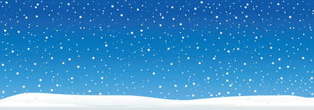 Hello Winter with snowflakes. Blue winter snow landscape. Funny vector snowfall sign Falling snowflake. Merry Christmas (xmas). Snow fall or snow flakesのイラスト素材