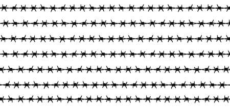 Silhouette of the obstacle, barbed wire (barb wire). Vector fence illustration sign. Several rows of sharp rusty barbed wire isolated on white background. freedom day. Military.のイラスト素材