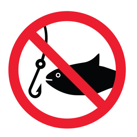 Caution, do not fishing sign. Forbid, no fish Do not enter or entery Forbidden law zone for water, pole or sea pictogram signs Stop halt allowed area symbol. Vector no ban icon. Stop halt allowed areaのイラスト素材