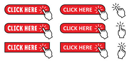 Click here button with hand pointer clicking. WWW, web link. Computer, Clicking or selecting. Online buy of page on website. Clicking finger icon. Flat vector push button sign.のイラスト素材
