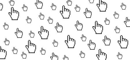 Pixel cursor click icon, mouse hand picotgram. Flat vector web cursors tools sign. WWW, web link. Computer, pointing hands or pointer cursors. Clicking or selecting. Wait loading of page on website.のイラスト素材
