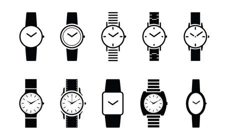 Hand watch. Time indication. Set of vector flat watches symbols and icons. Wrist watch or wristwatch sign. alarm clock. Stopwatch or timer. Clocks face.のイラスト素材
