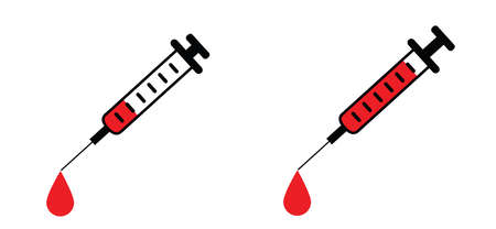 Blood drops, injection needles, a medical syringe with needles. hypodermic needle or disposable syringe sign. Flat vector blood drop icon logo. Blood chemistry. Blood test for viruses. Remdesivirのイラスト素材