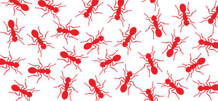Worker ants marching in search of food sign. Red ant crawling, walking in a group. Flat vector Insect pattern. Funny silhouette icon.のイラスト素材