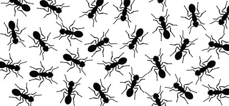 Worker ants marching in search of food sign. Black ant crawling, walking in a group. Flat vector Insect pattern. Funny silhouette icon.のイラスト素材