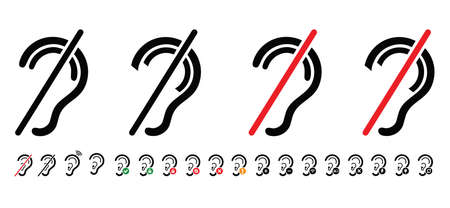 Limited hearing. Deafness symbol and audible sign. Hearing loss impairment. Flat vector ear icon signs. Universal access icon, hard of hearing icons. Assistive listening systems Symbols.のイラスト素材