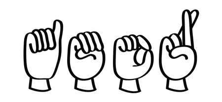Cartoon, comic deaf language sign, amor, Italy word meaning love, with heart symbol. Hand spelling. Happy valentines day on february 14 ( valentine, valentineのイラスト素材