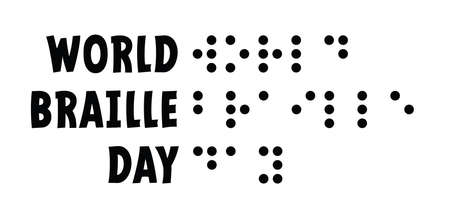 Slogan World braille day, blind. Alphabet for blind, reading braille code signs. Louis Braille France Coupvray. January 4 Flat vector symbol. Text touching the relief hand finger quote. Points or dotsのイラスト素材
