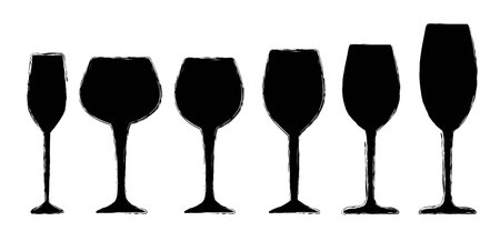 Comic wine glass symbol or wine glass icon. Draw champagne, cocktail glass. Motivation and inspiration ideas. Set of glasses for alcohol drink to salute or toast. Vector drawing cartoon sign.のイラスト素材