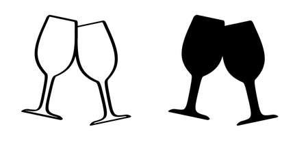 Wine glass symbol or wine glass icon. Cheers to life. Motivation and inspiration ideas. Set of two glasses for alcohol drink to salute or toast.のイラスト素材